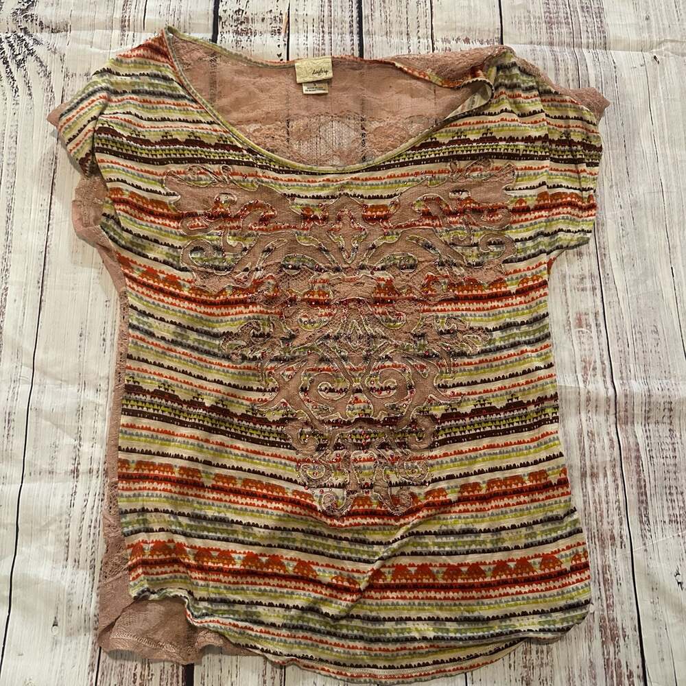 Daytrip Striped Embroidered Lace Back Cap Sleeve Top Size S